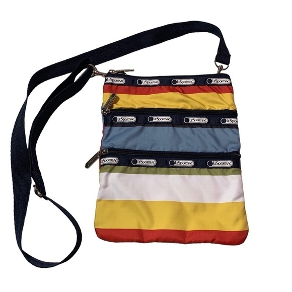 LeSportsac Crossbody Nylon Purse Bag Striped Multicolor 3 Zipper Compartments - Picture 1 of 7